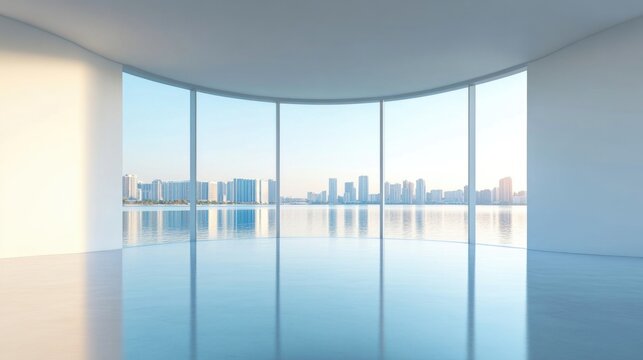 Fototapeta White minimalist open space with large curved window with cityscape view