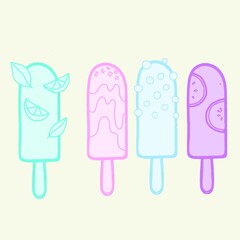 Different colored popsicles icon set vector. Set of colorful ice cream on a stick background. Ice lolly collection isolated on clean background. Popsicles in rainbow colors drawing