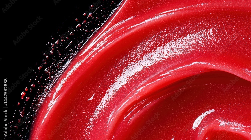 Poster swirling red liquid creating a dynamic visual movement in a transparent environment with bold colors