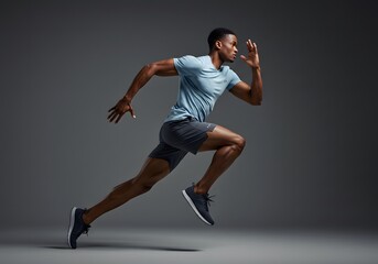 Side view of a fit man in marathon attire, standing tall in studio light
