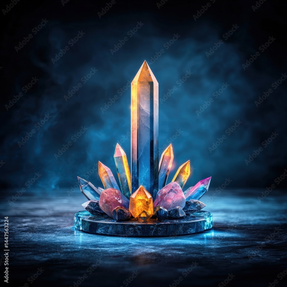 Poster elegant crystal placed on a polished table surfaces reflecting light and creating a stunning effect