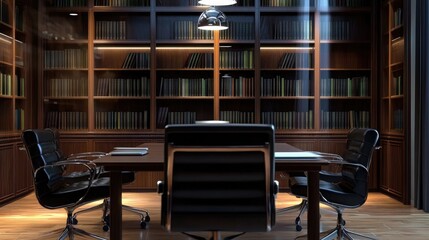 A polished office room featuring a modern bookcase ideal for virtual meetings and events