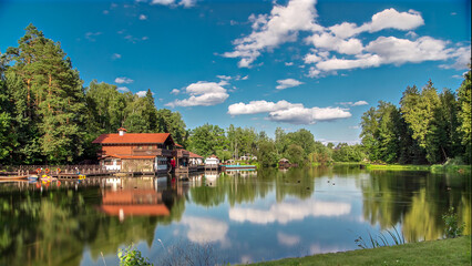 View of the pond, blooming meadow, forest and cottages in village at summer timelapse hyperlapse