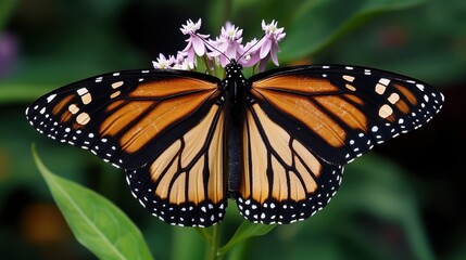 Naklejka premium Monarch Butterfly on Milkweed, Wings Spread