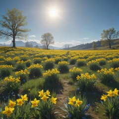 Obraz premium Sun-drenched meadow ablaze with vibrant yellow daffodils under a clear blue sky , nature, texture, image