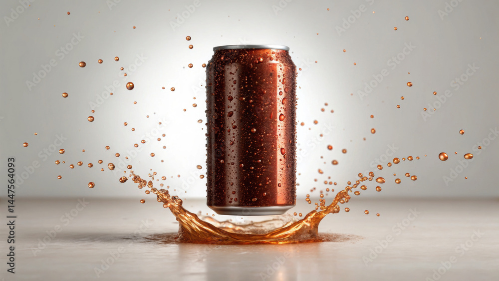 Poster brown beverage can levitates above surface with splash of liquid forming around it, droplets suspend