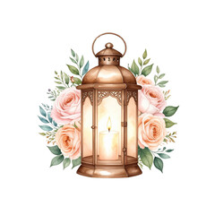 vintage lantern with glowing candle is surrounded by delicate pink roses and green leaves, creating romantic and serene atmosphere