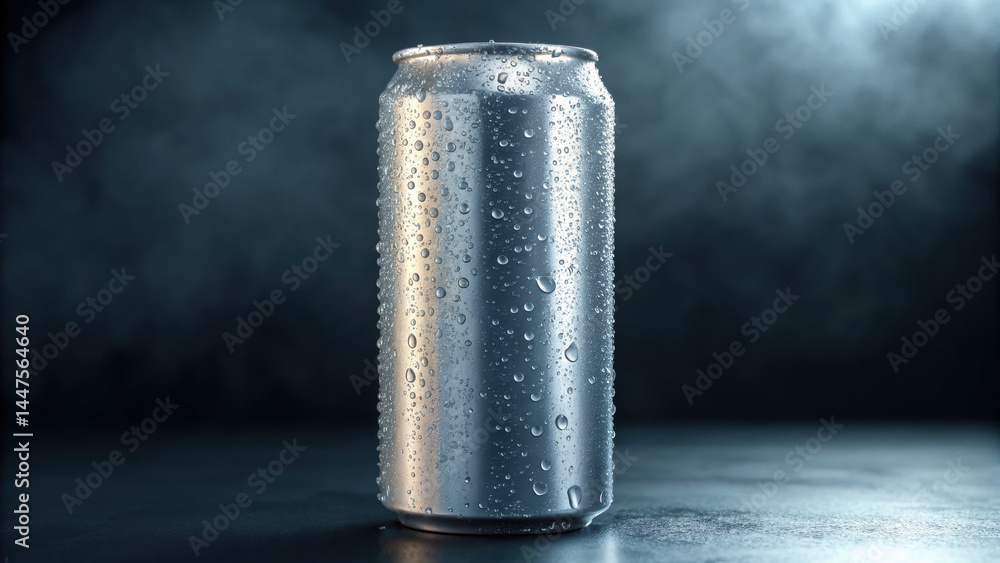 Poster cold aluminum can with condensation droplets on dark surface, creating refreshing and cool atmospher