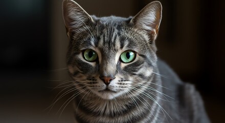 Grey Tabby Cat Portrait with Green Eyes