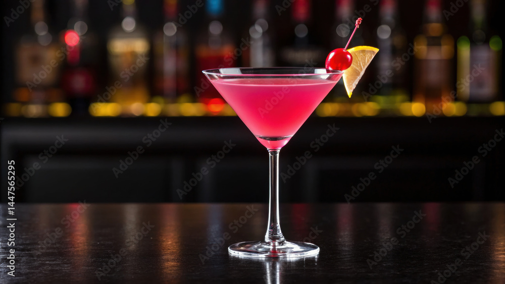 Poster pink cocktail with cherry and lemon slice garnish on dark bar counter with blurred bottles in backgr