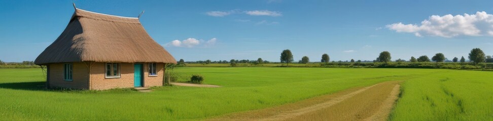 Obraz premium A thatched grass house sits amidst a vibrant green field under a clear blue sky , expanse, open space, storybook