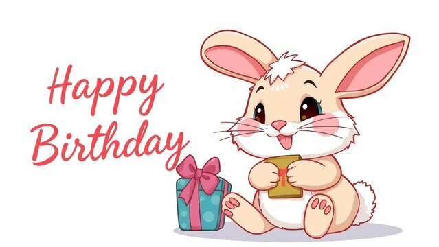 Niedliches Cartoon-H&auml;schen mit Geschenk und &bdquo;Happy Birthday&ldquo;-Text &ndash; perfekt f&uuml;r Kindergeburtstage oder s&uuml;&szlig;e Gl&uuml;ckw&uuml;nsche.