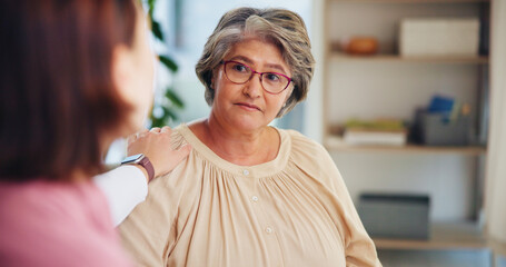 Nurse, patient and helping hand with support for homecare, empathy for news in consultation....