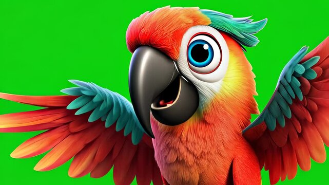 Cheerful Red Macaw with Spread Wings on Green Screen
