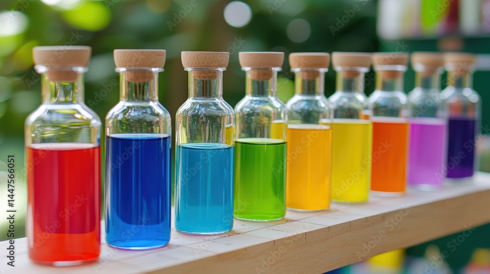 Poster an array of colorful bottles displaying various shapes and sizes with captivating vibrant hues