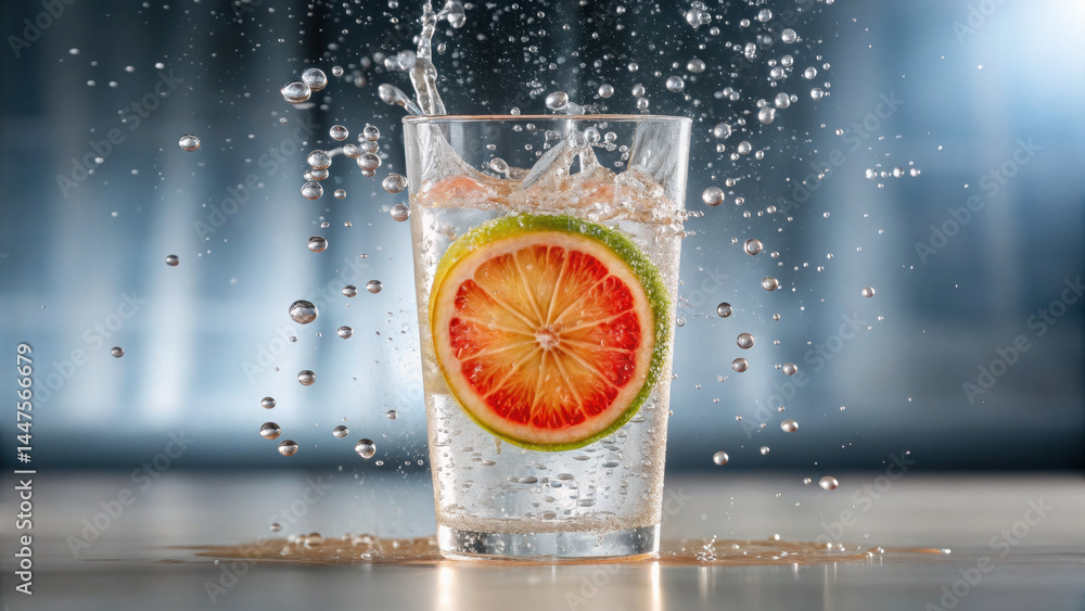 Aufkleber refreshing citrus slice in sparkling water with splash and bubbles in clear glass, creating lively a