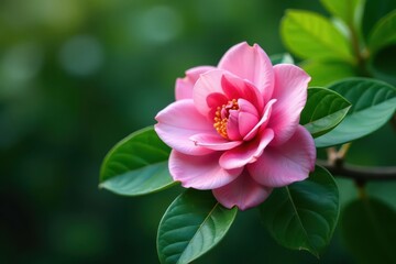 Fototapeta premium Delicate pink camellia, vibrant green foliage , flower arrangement, leaves, lush