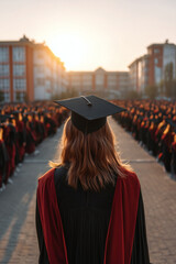 Graduation day: A graduate stands among her peers, facing forward with a graduation cap and gown on a sunny day.