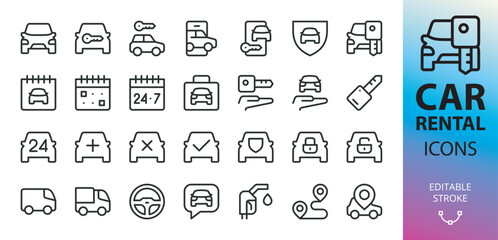 Car rental line icon set. Car rental mobile app vector icons with editable stroke