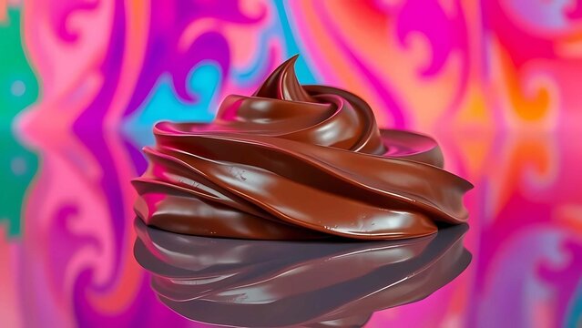 Crema de chocolate suave con textura lisa, superficie derretida, remolino rico, fondo brillante, ideal para postres o pasteles
