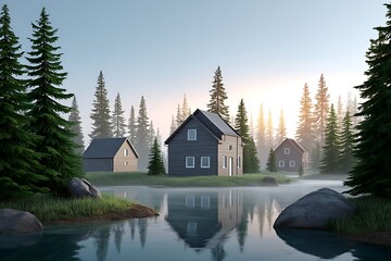 Obraz premium Serene Lakeside Cabins at Sunrise with Misty Forest.