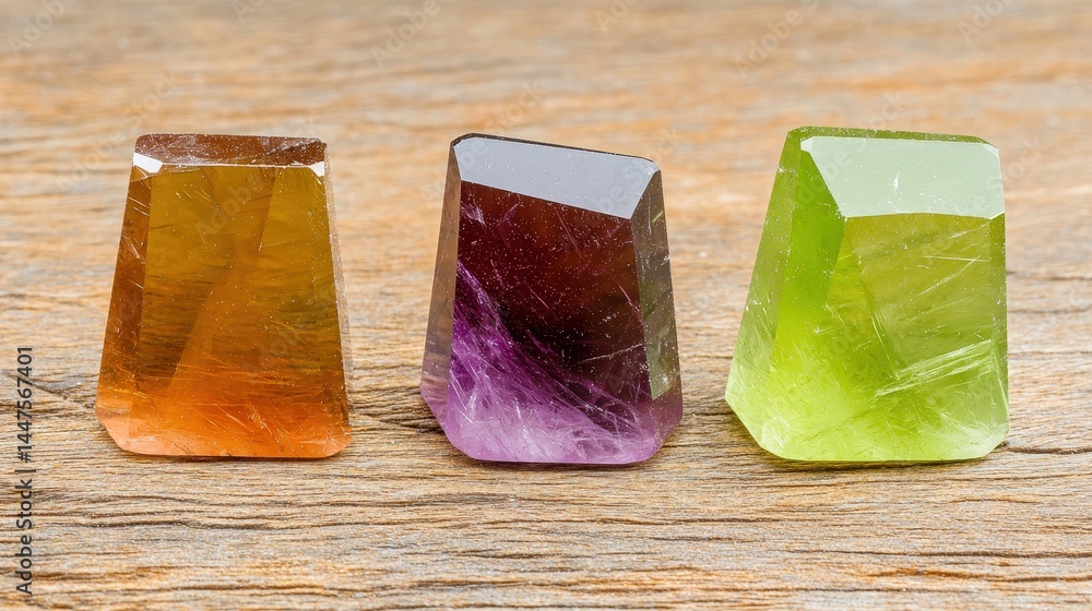 Poster three distinct colored crystals displaying unique shapes and textures on a neutral background surfac