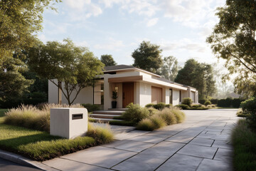 Fototapeta premium Modern House Exterior: Clean lines, natural light, serene landscaping. Inviting entrance, architectural design.