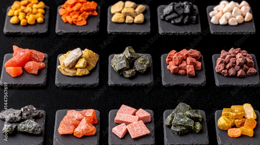 Poster an impressive variety of minerals displayed together showcasing unique textures and colorations for 