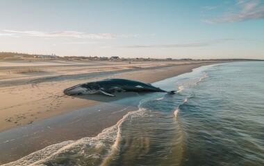 An aerial photo of a dead whale on the beach near the water