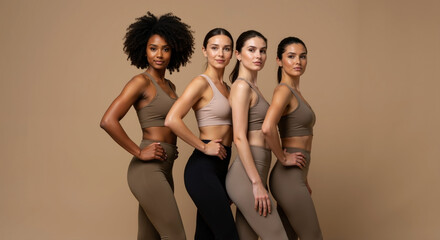 Four diverse women in athletic crop tops standing in a row on neutral beige background. Models with different skin tones wearing sports bras in earthy colors - beige, brown, terracotta, sage green.