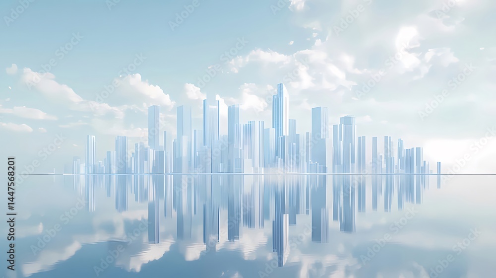 Poster 水面に映る透明感のある近代都市のスカイラインと青い空の風景