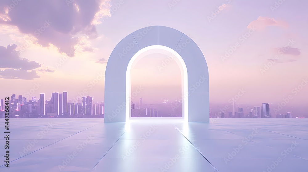 Aufkleber 未来的な白いアーチ型の構造と夕焼けの空の背景の都市景観