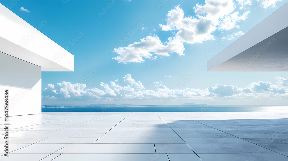 Poster 青い空と白い雲の下の現代建築デザインの風景 水平線と明るい光と影の抽象的な背景