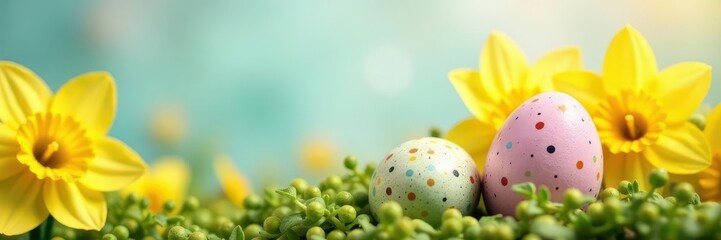 Soft pastel background, colorful speckled eggs nestled amongst vibrant yellow daffodils , card, pastel