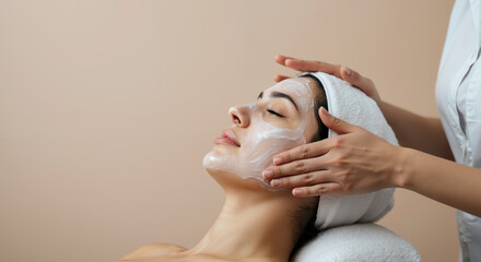 Woman receiving professional facial treatment with sheet mask in beauty salon. Esthetician hands applying skincare mask on female client. Spa procedure and skin rejuvenation. Luxury beauty service.