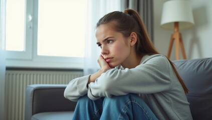 Side view young woman looking away at window sitting on couch at home. Frustrated confused female feels unhappy problem in personal life quarrel break up with boyfriend or unexpected pregnancy concept