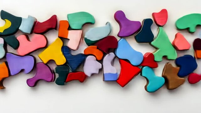 Vibrant wooden puzzle pieces forming dynamic colorful arrangement