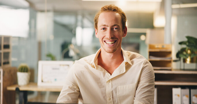 Portrait, smile and businessman in office as insurance agent, risk advisor and claims specialist. Happy professional, confident worker and employee with policy broker or coverage consultant in UK