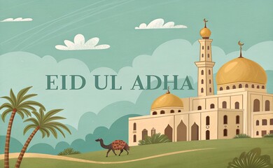 A festive depiction celebrating Eid ul Adha featuring a mosque with golden domes, silhouette of a camel, and serene desert backdrop under a clear blue sky.