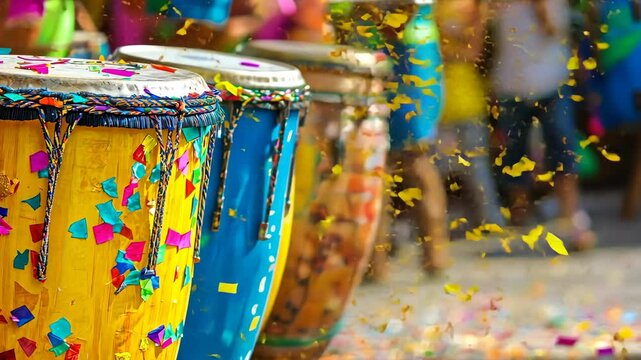Vibrant drumming performance with colorful confetti explosion in a festive parade
