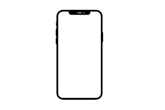 Black outline of a smartphone with blank screen on transparent background