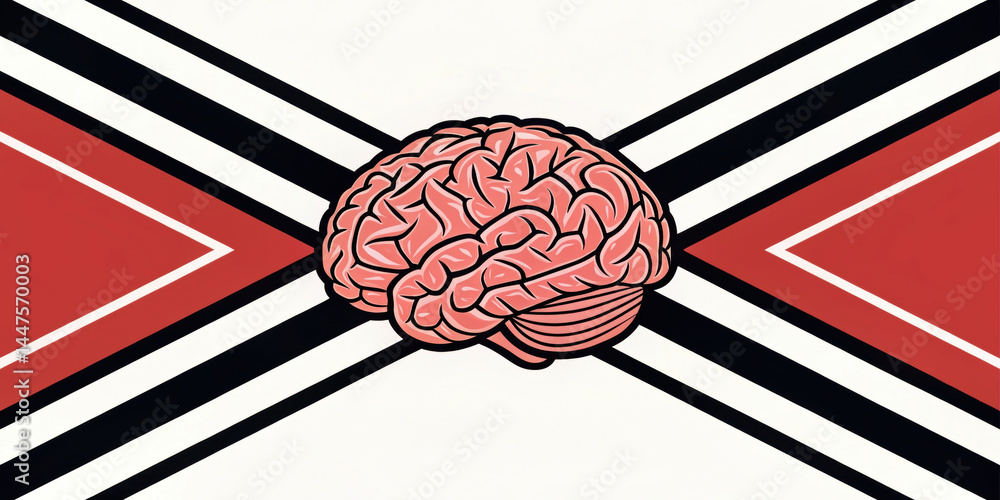 Poster illustration of human brain centered on geometric background with diagonal black and white lines and