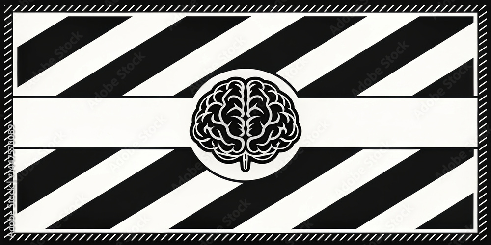 Poster black and white abstract design with diagonal stripes forming frame around detailed brain illustrati
