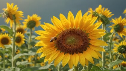Obraz premium A honeybee gathers pollen on a vibrant sunflower, surrounded by a sea of golden blooms , botanical, garden, photography