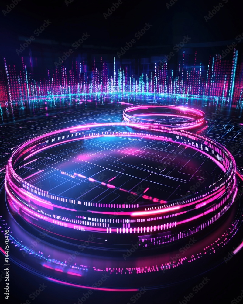 Poster circular shape radiating with neon lights creating an eye-catching and modern artistic display