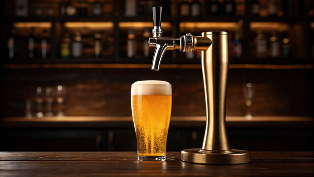 Golden beer glass with foam on wooden bar counter near metal beer tap in dimly lit pub interior with blurred bottles on shelves, inviting and refreshing drink