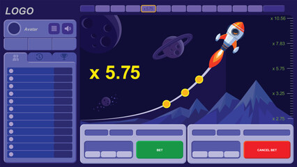 Screen for crash game with asset and game UI. Rocket flight. Dynamic game on timing and intuition