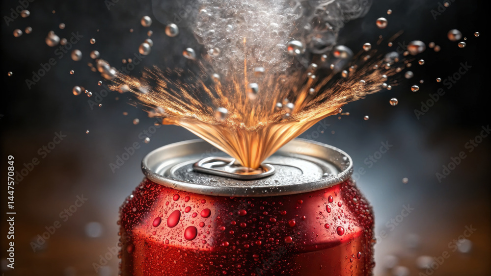Poster refreshing soda can opening with fizz and splash, dynamic shot capturing bubbles and droplets in hig