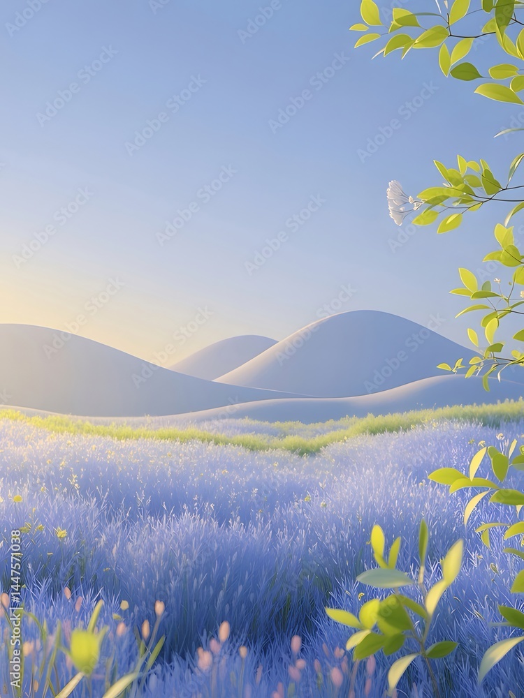 Poster 柔らかな朝日の光が丘と花畑を照らす春の風景 鮮やかな青色の花と緑の葉が生命力を表現