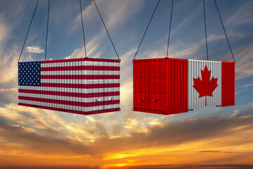 American and Canadian flag container hanging in a sky. concept of business and trade between us and...